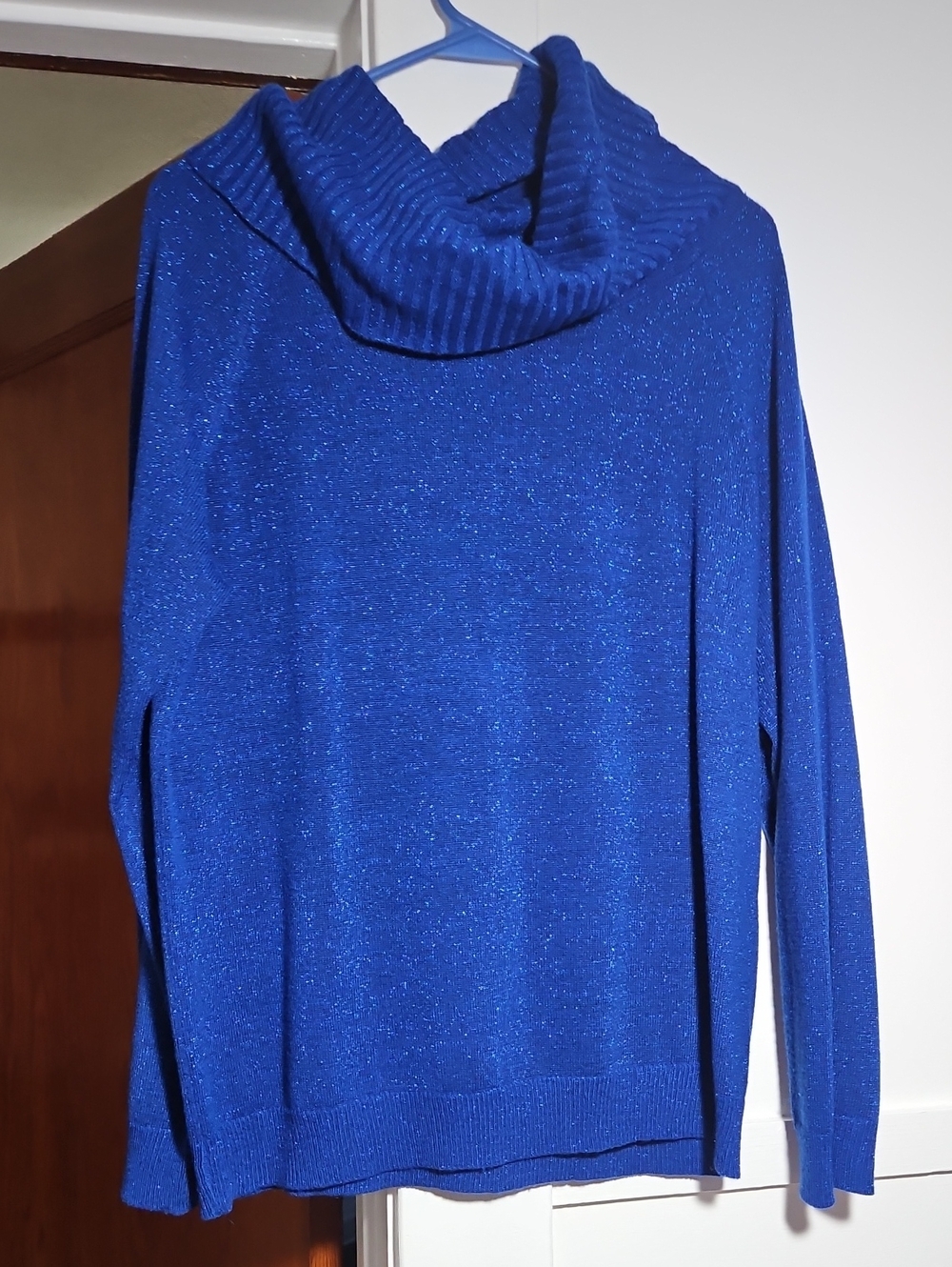 Simply Styled Stretchy Sparkly Blue Cowl Neck Sweater Size Large EUC
